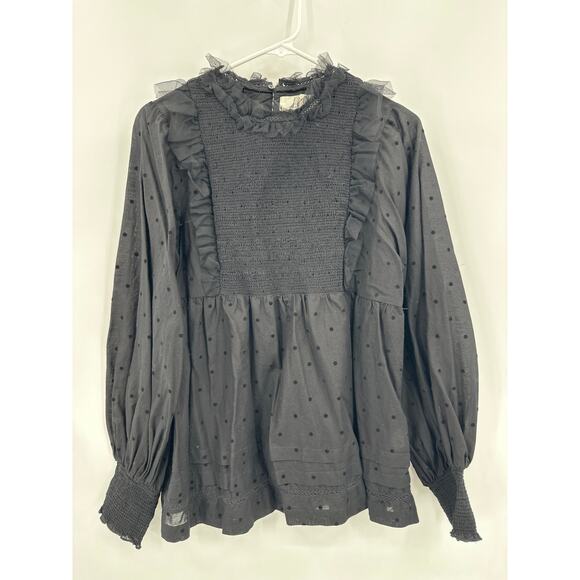 THE GREAT. The Portrait Tulle Flocked Cotton Voile Smocked Blouse Black Medium - Picture 4 of 10